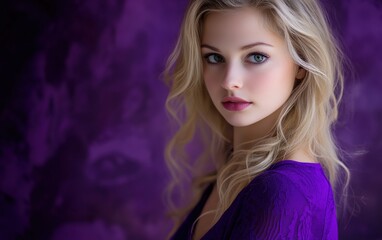 Naklejka premium beautiful woman on purple background 