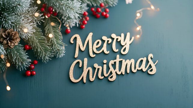 Merry Christmas gold glitter text on teal blue wood background with festive decorations in flat lay top view