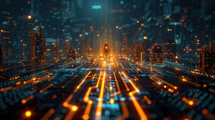 Fototapeta premium A futuristic cityscape with glowing circuits and digital elements.