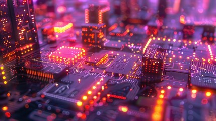 Obraz premium A vibrant close-up of a circuit board with glowing components and intricate designs.