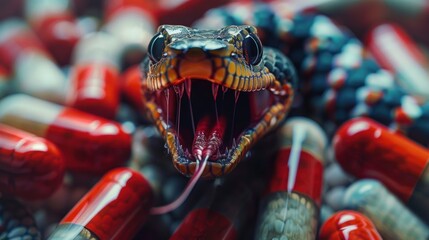 A snake with an open mouth among colorful capsules, suggesting themes of danger and addiction.