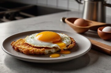 A fried egg with a runny yolk on a chicken schnitzel