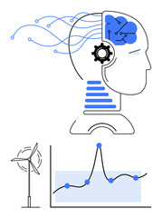 Head with gears and brain connected to wind turbine and graph. Ideal for innovation, technology, AI, sustainability, data analysis, renewable energy, future trends. Line metaphor