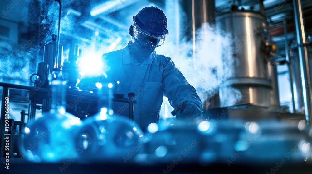 Poster scientist in a lab with glassware and steam