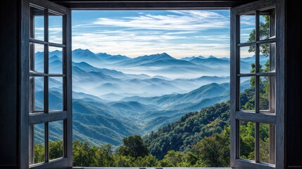 Fototapeta premium Beautiful view from the open white window of the mountains with fog, forest, hills and sky.