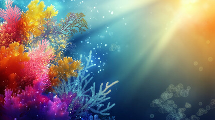 Obraz premium Underwater Coral Reef Illustration with Colorful Fish and Seaweed