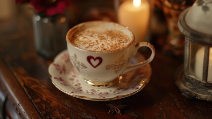 A beautifully crafted cup of cappuccino on a decorative saucer, surrounded by soft lighting.