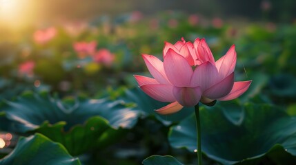 Fototapeta premium A serene lotus flower amidst lush greenery, illuminated by soft sunlight.