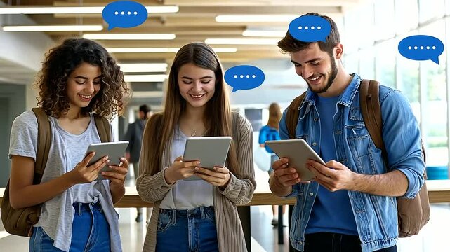 Students engaging with digital devices while wearing headphones, surrounded by illustrated soundwave bubbles. Modern and interactive scene ideal for education, technology, digital learning, music