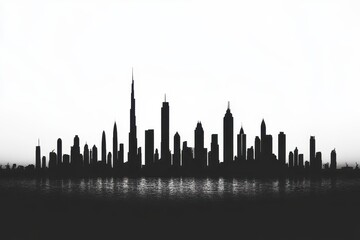 Obraz premium Stunning silhouette of a modern skyline against a serene body of water at dusk