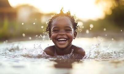 Obraz premium A joyful child swimming and splashing in water, radiating happiness and carefree spirit.