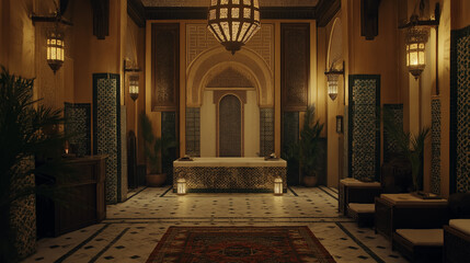 Obraz premium Traditional Moroccan Spa Interior with Ornate Tiles and Lantern Lighting.