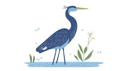 Obraz premium Great blue heron standing on the water with a small flower, a simple flat vector illustration on Transparent PNG format Background. Generative AI