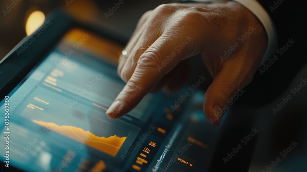 Poster Close-up of a Hand Interacting with a Tablet Displaying Financial Data