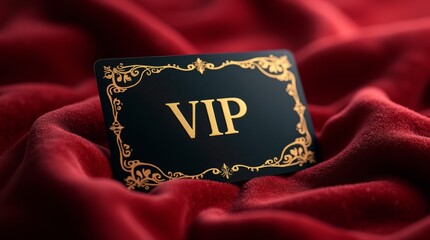 A luxurious VIP membership card displayed on a plush velvet background, emphasizing exclusivity and premium service. elegant gold lettering and intricate designs, highlighting the concept of VIP 