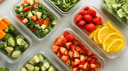 Bowls of salads, fruits, or meal prep boxes with vibrant, fresh ingredients, 16:9