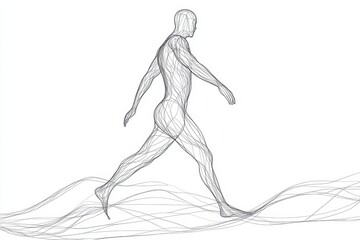 Dynamic representation of a human figure walking across flowing lines in a minimalist style