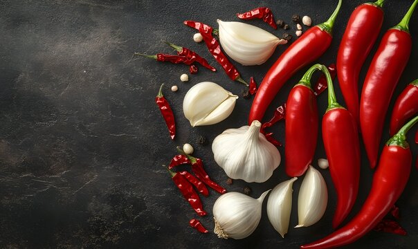 A striking contrast between bright red chili peppers and white garlic cloves on a dark table