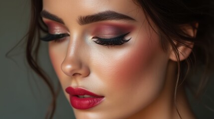 close-up of a woman's face showcasing stunning glam makeup, with bold eyeshadow, dramatic lashes, and a striking lip color, captivating and glamorous look