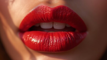 close-up of a woman's lips showcasing a striking bold lipstick color, with soft lighting enhancing the richness of the shade, glamorous look