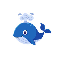 Cute Whale Swimming Cartoon Vector Icon Illustration. Vector cartoon illustrations of blue whale on a white background. Flat cute icon of whale. Underwater world, ocean, underwater inhabitants.