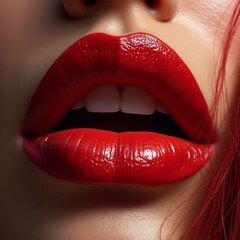 Obraz premium close-up of a woman's lips showcasing a striking bold lipstick color, with soft lighting enhancing the richness of the shade, glamorous look