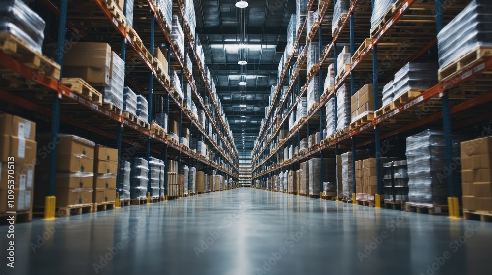 Poster rows of pallets and boxes in a large warehouse