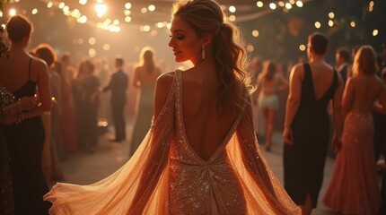 woman wearing a shimmering sequin dress at a glamorous event, with soft lighting enhancing the sparkle of the fabric, creating a captivating and enchanting look. © Alex Pios