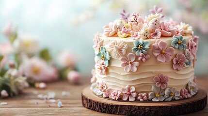 Fototapeta premium Floral decorated cake on wooden stand.