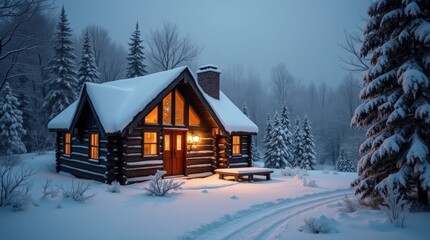 cozy cabin nestled in a snowy landscape, with smoke gently rising from the chimney and warm light glowing from the windows, perfect for a winter retreat.