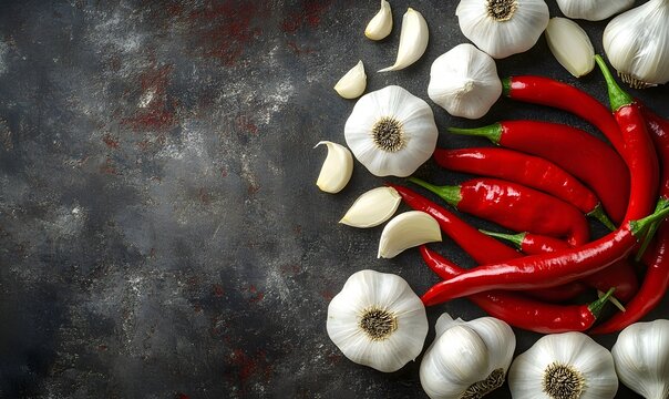 A striking contrast between bright red chili peppers and white garlic cloves on a dark table
