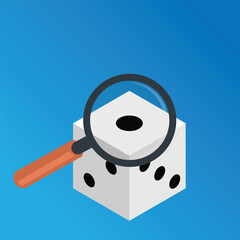Casino dice with magnifying glass on it and copy space