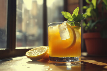 Refreshing turmeric lemonade in a bright, sunny cafe setting by a window