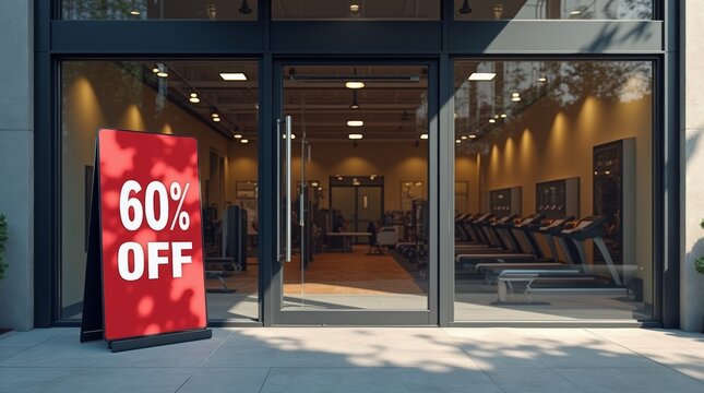 Gym discount signage at the entrance of a fitness center, Bright and bold discount sign displayed near gym doors