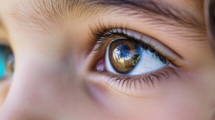 Obraz premium The eyes of a refugee child learning in a makeshift classroom, Reflecting resilience and hope amidst displacement, close-up photography style