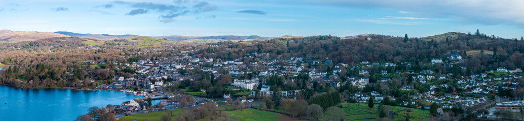 Panoramic aerial image of Windermere town in Cumbria Lake District - United Kingdom. 