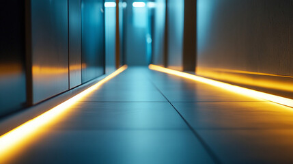 Close-up of a modern corridor with LED floor lighting guiding the path.
