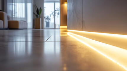 Close-up of a modern corridor with LED floor lighting guiding the path.