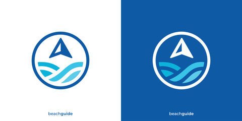 Simple Beach Guide Logo. North Arrow, Compass and Wave Icon Graphic. Tour and Travel Logo Design Template.