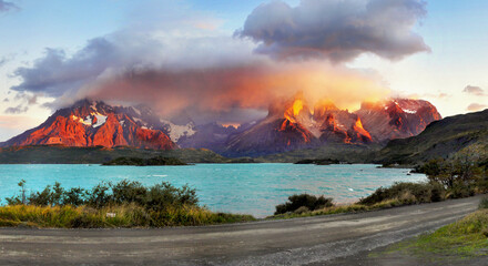 rugged patagonian landscape and lake at sunrise 