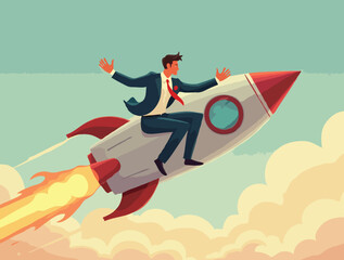 A man wearing a suit and tie is riding a rocket to do business or something successful. illustration