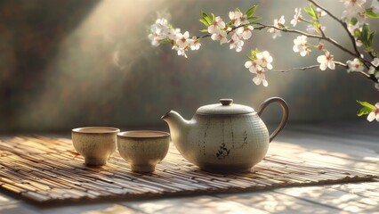 Serene Tea Set with Blossom Branches in Soft Light