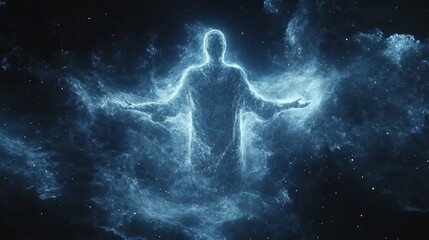 Fototapeta premium Glowing ethereal figure in cosmic nebula.
