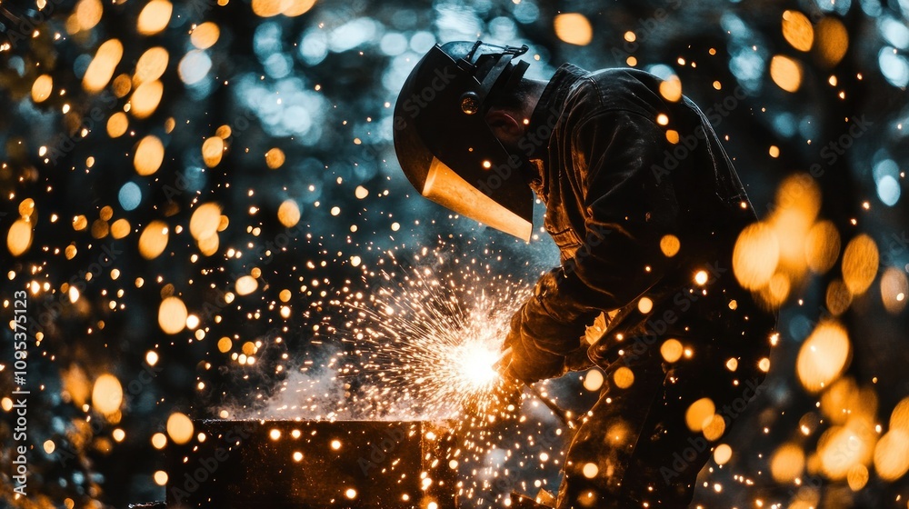 Poster a welder working with sparks flying in a dark and blurry background