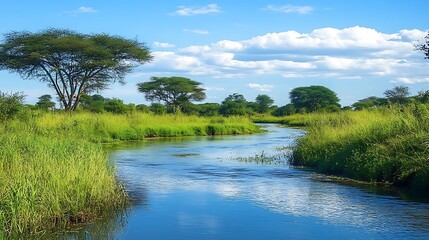 Obraz premium A serene river flows through lush greenery under a bright blue sky with scattered clouds.
