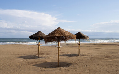 Three straw umbrellas on an empty sandy beach with gentle waves and a clear sky in the background.