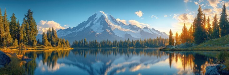 Fototapeta premium Panoramic view of Mount Rainier reflecting in a serene lake under clear skies.