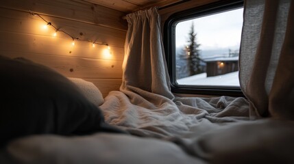 A bed with a blanket and pillows and a window with lights outside