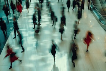Long exposure shot of crowd of business people walking in bright office lobby fast moving with blurry