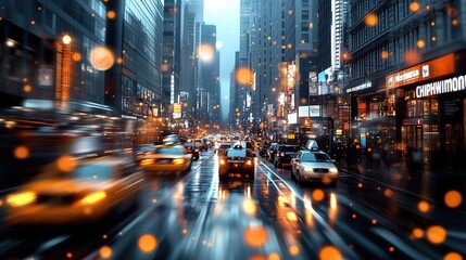 Obraz premium Vibrant City Street With Blurred Taxi Lights At Night, creating a vibrant and energetic urban atmosphere.